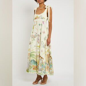 Alemais Cream Scenic-Print Tie-Shoulder Midi Dress